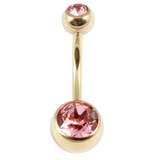 Zircon Steel Double Jewelled Belly Bars (Gold colour PVD) 1.6mm, 10mm, Light Pink