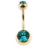 Zircon Steel Double Jewelled Belly Bars (Gold colour PVD) 1.6mm, 10mm, Turquoise