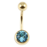 Zircon Steel Jewelled Belly Bars (Gold colour PVD) 10mm, Light Blue