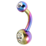 Titanium Baby Double Jewelled Belly Bar 10mm, Rainbow, Crystal Clear