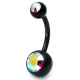 Black Steel Double Jewelled Belly Bars 10mm, Crystal AB