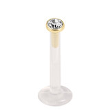Bioflex Push-fit Labret with Zircon Steel Jewelled Top (Gold colour PVD) 1.6mm, 7mm, 2.35mm Crystal Clear.