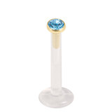 Bioflex Push-fit Labret with Zircon Steel Jewelled Top (Gold colour PVD) 1.6mm, 10mm, 2.35mm Light Blue