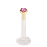 Bioflex Push-fit Labret with Zircon Steel Jewelled Top (Gold colour PVD) 1.2mm, 8mm, 2.35mm Pink