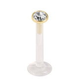 Bioflex Push-fit Labret with Zircon Steel Jewelled Top (Gold colour PVD) 1.6mm, 7mm, 3mm Crystal Clear.