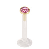 Bioflex Push-fit Labret with Zircon Steel Jewelled Top (Gold colour PVD) 1.2mm, 6mm, 3mm Pink