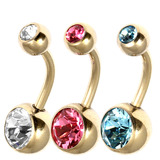 Multipacks - Various Double Jewelled Belly Bars 1.6mm, 10mm, Zircon Titanium (gold colour) with Crystal Clear, Pink, Light Blue. Price per pack of 3.
