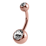 Rose Gold Steel Double Jewelled Belly Bars 1.6mm, 10mm, Crystal Clear