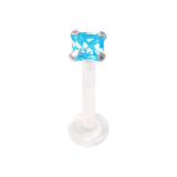 Bioflex Push-fit Labret with Silver Claw Set Square Gem 1.6mm, 12mm, 3mm Light Blue.