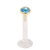 Bioflex Push-fit Labret with Zircon Steel Jewelled Top (Gold colour PVD) 1.2mm, 12mm, 3mm Light Blue