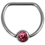 Titanium Jewelled D Ring 14mm, Mirror Polish, Pink Gem