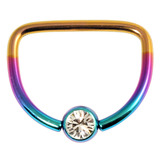 Titanium Jewelled D Ring 14mm, Rainbow, Crystal Clear Gem