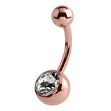 Rose Gold Steel Single Jewelled Belly Bars 1.6mm, 10mm, Crystal Clear