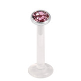 Bioflex Push-fit Labret with Steel Jewelled Disk (4mm Disk) 1.0mm, 7mm, 4mm Pink.