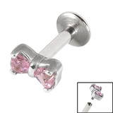 Titanium Internally Threaded Labrets 1.6mm - Jewelled Bow 1.6mm, 6mm, Pink