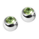 Titanium Threaded Jewelled Balls 1.6x6mm Mirror Polish metal, Light Green Gem. Pack of 2 balls.