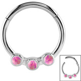 Steel Hinged Segment Ring with 3 Opal Stones (Clicker) 1.2mm, 10mm, Smaller Pink Opal Stones