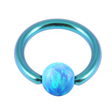 Titanium BCR with Synthetic Opal Ball 1.0mm, 8mm 4mm, Turquoise metal with Light Blue Opal
