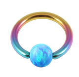 Titanium BCR with Synthetic Opal Ball 1.0mm, 10mm 4mm, Rainbow metal with Light Blue Opal