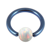 Titanium BCR with Synthetic Opal Ball 1.2mm, 8mm 4mm, Blue metal with White Opal