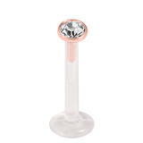 Bioflex Push-fit Labret with Rose Gold Steel Jewelled Top (2.35mm Disk) 1.6mm, 6mm, 2.35mm Crystal Clear