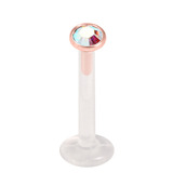 Bioflex Push-fit Labret with Rose Gold Steel Jewelled Top (2.35mm Disk) 1.2mm, 8mm, 2.35mm Crystal AB