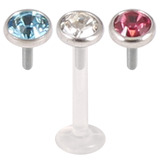 Multipacks - Bioflex Push-fit Labret with Steel Jewelled Disks (4mm Disks) 1.2mm, 9mm, 4mm, Crystal Clear, Light Blue and Pink as shown