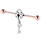 Rose Gold Steel Industrial Scaffold Barbell with Lock and Key 1.6mm, 38mm, 5mm, Lock and Key