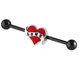 Black Steel Industrial Scaffold Barbell with LOVE Heart 1.6mm, 36mm, 5mm, LOVE Heart