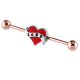 Rose Gold Steel Industrial Scaffold Barbell with LOVE Heart 1.6mm, 36mm, 5mm, LOVE Heart