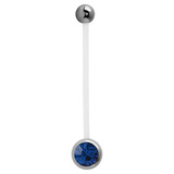 Pregnancy PTFE and Surgical Steel Single Jewelled Belly Bars 1.6mm, Surgical Steel, Capri Blue