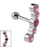 Steel 5 Jewelled Arc Helix Tragus Bar 1.2mm, 6mm, Pinks