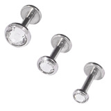 Steel Triple Piercing - Internally Threaded Jewelled Disk Labrets 1.2mm 1.2mm, 6mm, 3mm and 4mm and 5mm, Crystal Clear. Pack of 3.