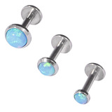 Steel Triple Piercing - Internally Threaded Opal Disk Labrets 1.2mm 1.2mm, 6mm, 3, 4, and 5mm, Light Blue Opal. Pack of 3