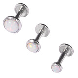 Steel Triple Piercing - Internally Threaded Opal Disk Labrets 1.2mm 1.2mm, 6mm, 3, 4, and 5mm, White Opal. Pack of 3