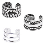 Multipacks - 925 Sterling Silver Ear Cuffs SEC2, SEC3 and SEC7 (Leaves, Plain Band with Rope and Triple Band)