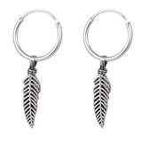 Sterling Silver Hoops - Earrings with Drop Feather H145 - SKU 32605