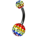 Belly Bar - Steel with Smooth Rainbow Glitzy Balls Black Steel, 1.6mm, 12mm, 5mm and 8mm