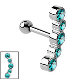 Steel 5 Jewelled Arc Helix Tragus Bar 1.2mm, 6mm, Turquoise Green