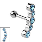Steel 5 Jewelled Arc Helix Tragus Bar 1.2mm, 8mm, Light Blue