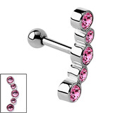 Steel 5 Jewelled Arc Helix Tragus Bar 1.2mm, 8mm, Pink