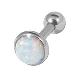 Steel Synthetic Opal Tragus Bar 1.2mm 1.2mm, 6mm, 5mm Disk and 3mm Ball, White Opal