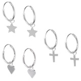 Sterling Silver Hoops - Drop Earrings - Cross, Heart, Star Silver Cross, Heart and Star. 3 pairs