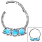 Steel Hinged Segment Ring with 3 Opal Stones (Clicker) 1.2mm, 10mm, Larger Light Blue Opal Stones
