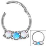 Steel Hinged Segment Ring with 3 Opal Stones (Clicker) 1.2mm, 10mm, Larger White with Light Blue Opal Stones