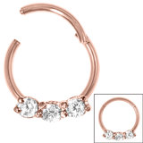 Steel Hinged Segment Ring with 3 Claw Set Jewels (Clicker) Rose Gold Steel, 1.2mm, 10mm, Crystal Clear