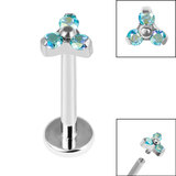 Titanium Internally Threaded Labrets 1.2mm - Titanium Claw Set CZ Jewelled Mini Trinity 1.2mm / 8mm / Aqua AB CZ