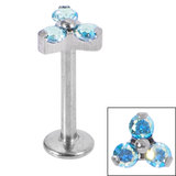 Titanium Internally Threaded Labrets 1.2mm - Titanium Claw Set CZ Jewelled Trinity 1.2mm / 8mm / Aqua AB CZ