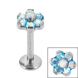 Titanium Internally Threaded Labrets 1.2mm - Titanium Claw Set Synth Opal and 6 Point CZ Jewelled Flower - SKU 34122