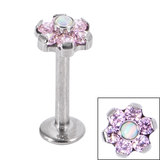 Titanium Internally Threaded Labrets 1.2mm - Titanium Claw Set Synth Opal and 6 Point CZ Jewelled Flower 1.2mm / 6mm / Opals Ice White with 6 CZ Light Pink